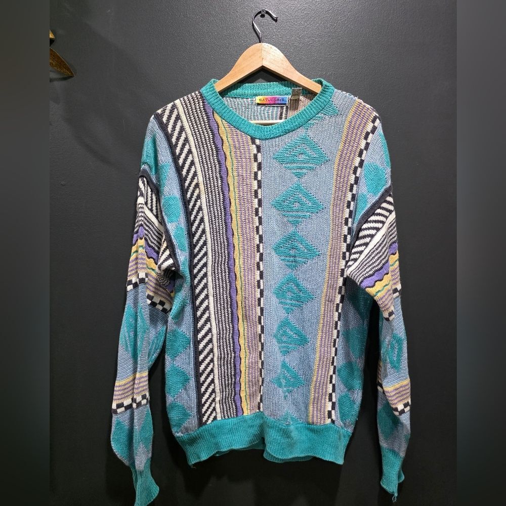 Vtg Saturdays Knit 3D Blue Made in Korea Geometric Pattern Size M Hiphop Biggie